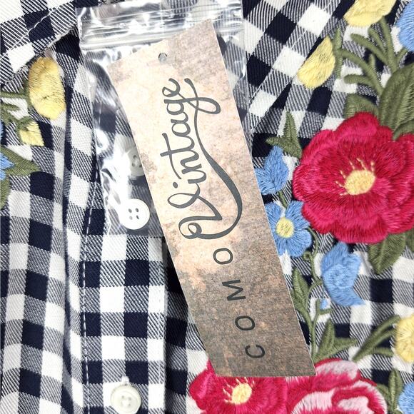 Womens Top Large Country Western Boho Embroidered Floral Plaid Button Down NWT - Picture 3 of 7